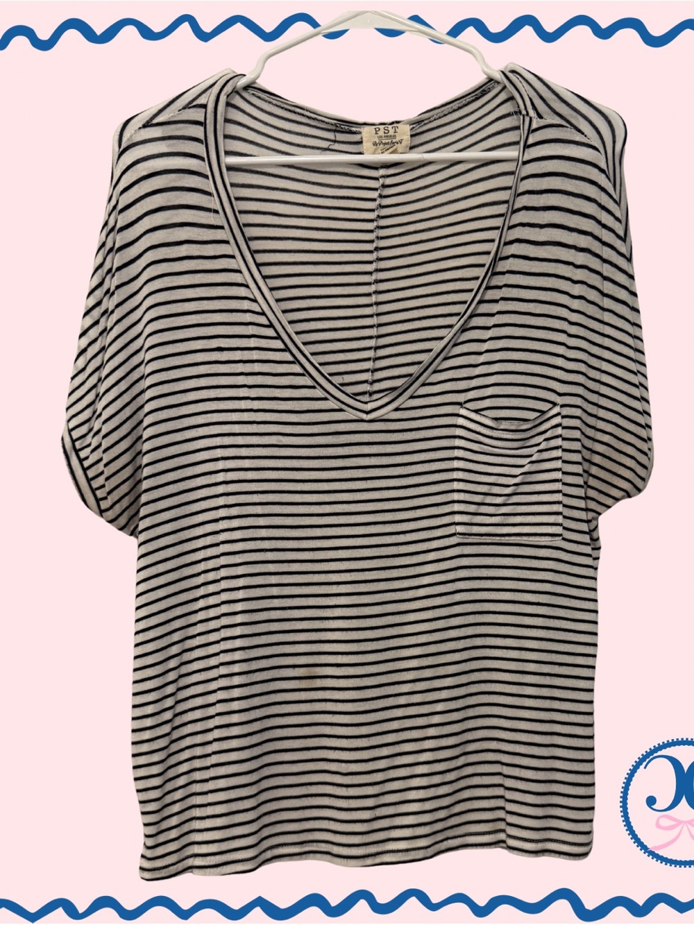 PST Black & White Stripe V-Neck Pocket Tee
